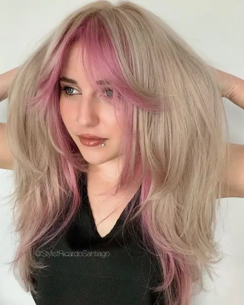 3. A Long Shag Cut with Pink Face Frame