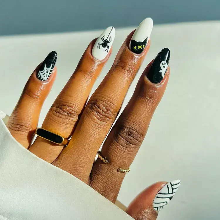 1. Black and White Halloween Nails