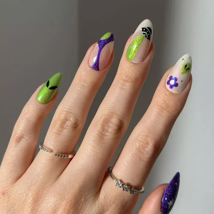 19. Purple and Green Alien Nails