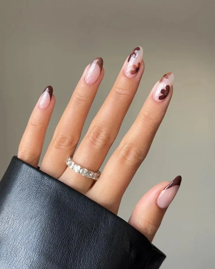 26. Brown Floral French Tip Fall Nail Inspo