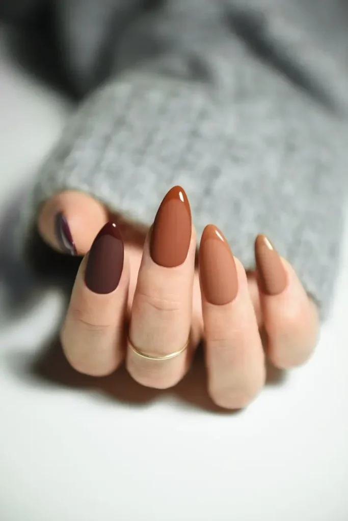 4. Cozy Brown Simple Fall Press-On Nails with a Subtle Monochrome French Tip