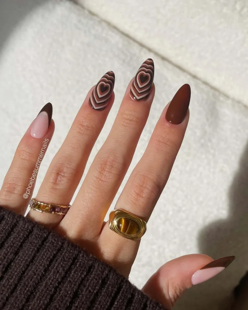 13. Cute Brown Heart Nail Art