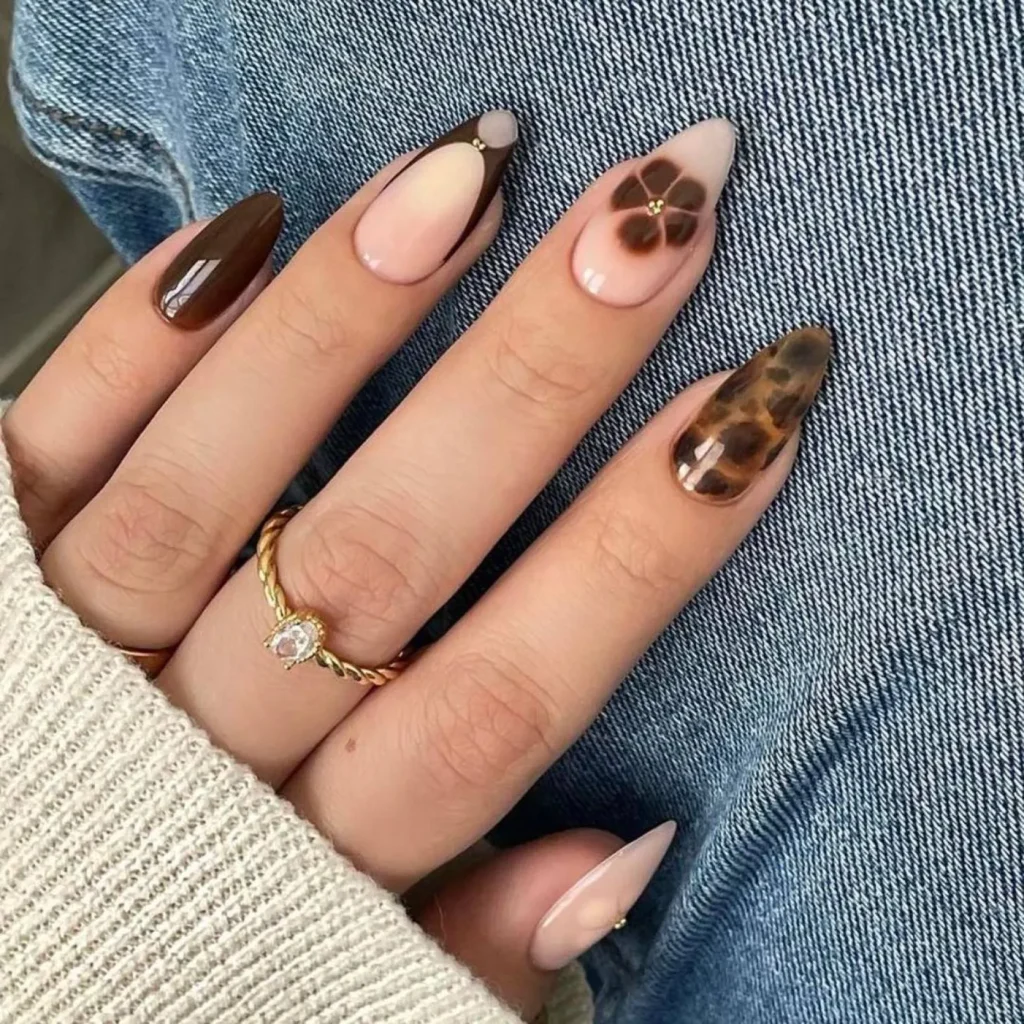 14. Cute Brown Mismatched Nail Art