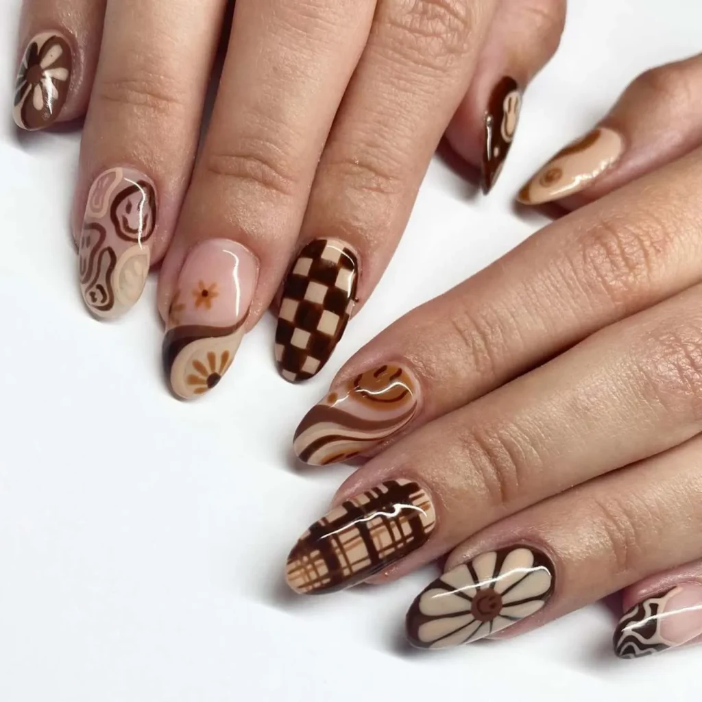 25. Funky Maximalist Brown Nail Art