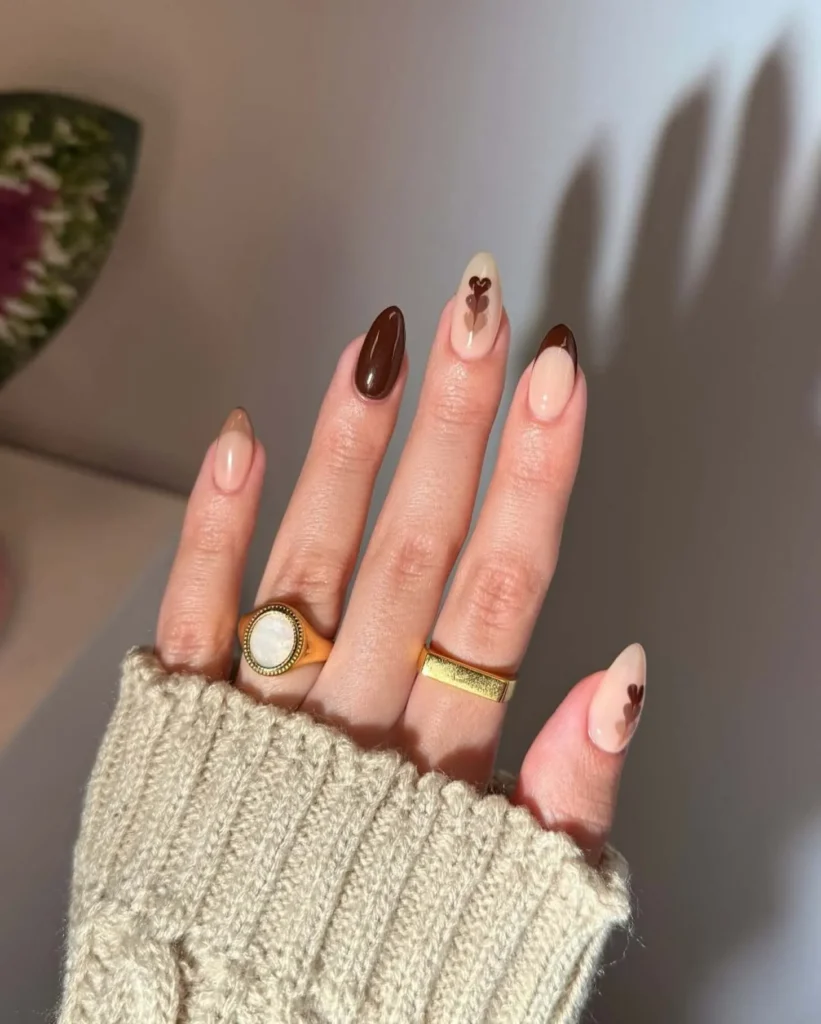 27. Dark Brown + Mocha Mousse Nails With Classy Heart Designs