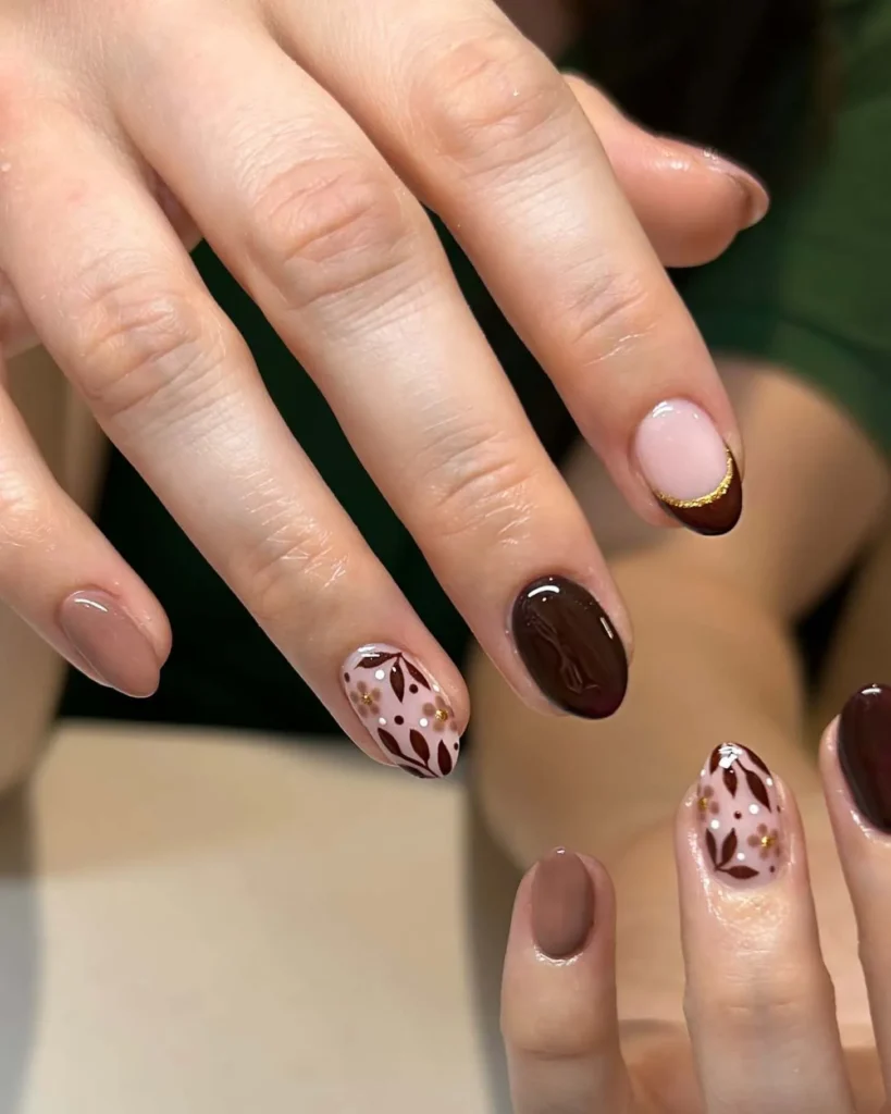 34. Botanical Mocha Mousse + Dark Brown Nail Art
