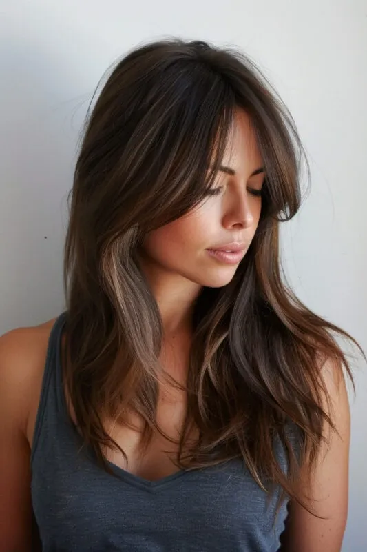 Long Brunette Layers Paired With Long Bangs