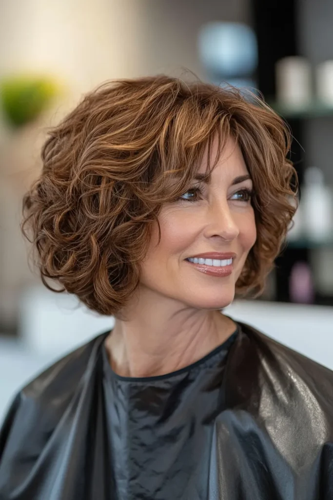 Honey Brown Curly Bob with Curved Bangs