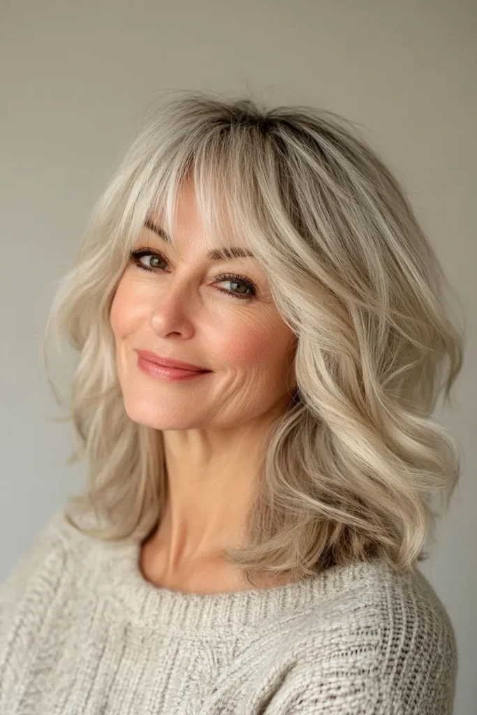 Sandy Blonde Shoulder-Length Shag with Side Fringe