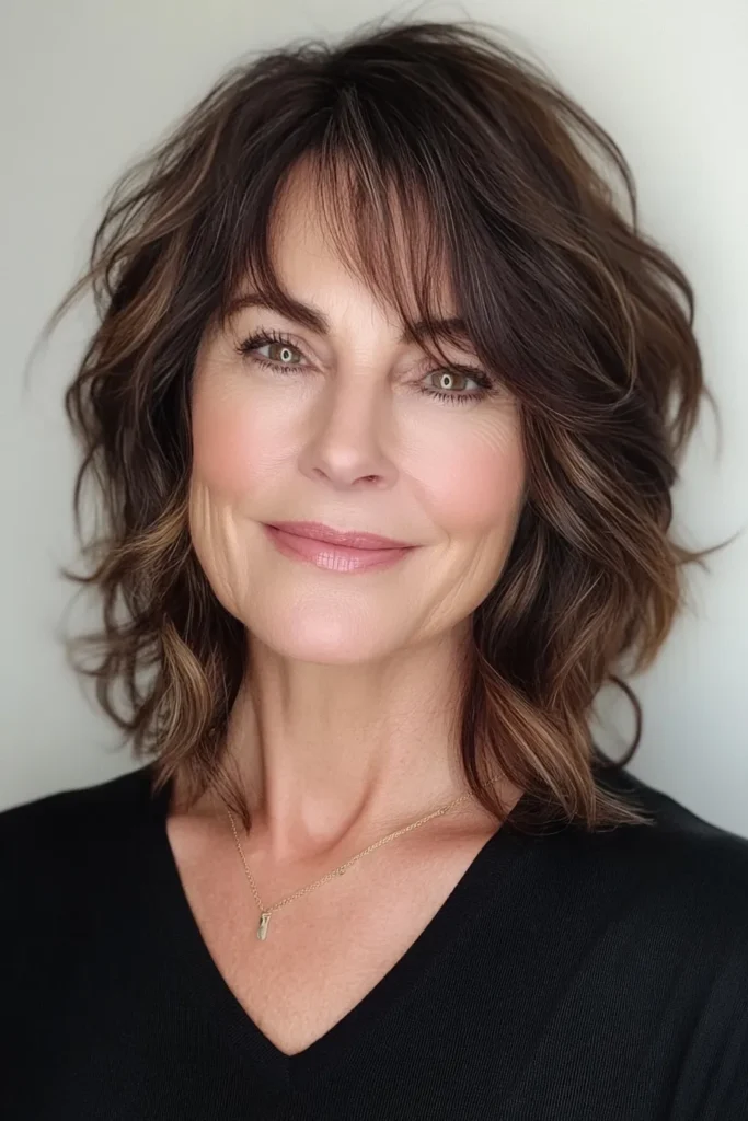 Dark Chocolate Wavy Bob with Asymmetrical Bangs