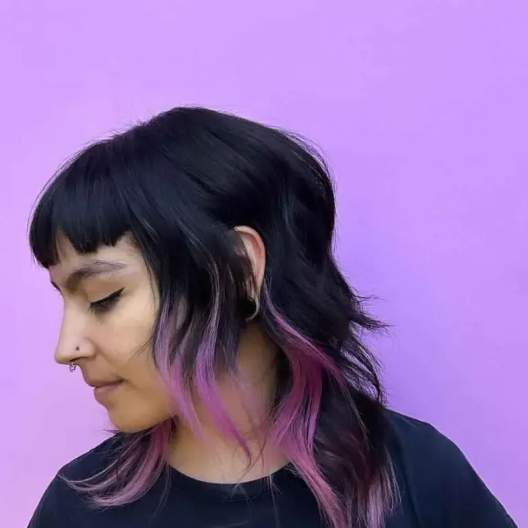 Medium Black Soft Mullet With Micro Bangs and Purple Highlights