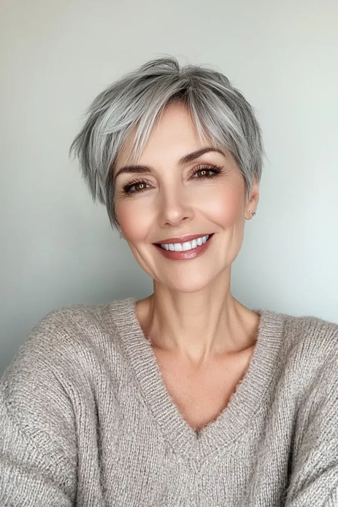 Short Silver-Gray Pixie with Micro Bangs