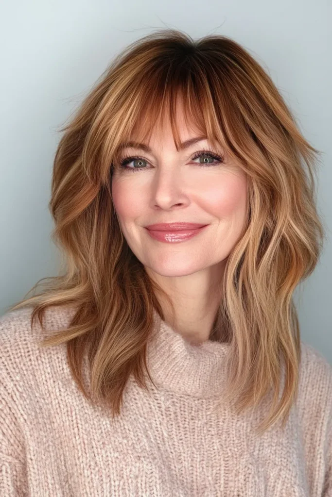 Rose Gold Long Bob with Long Curtain Bangs