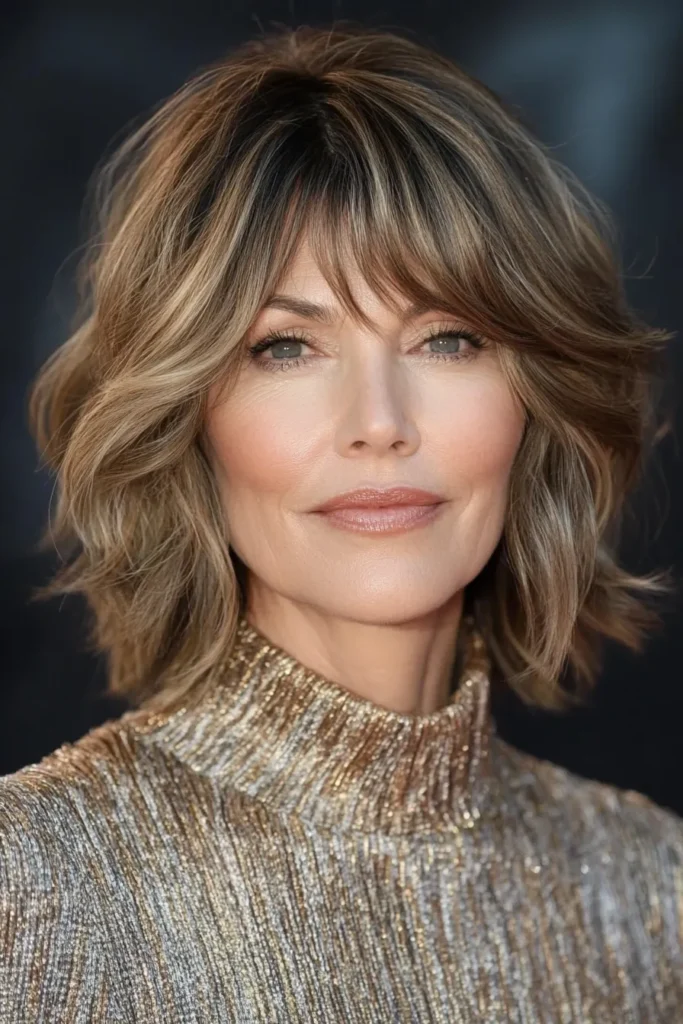 Golden Brown Shaggy Bob with Layered Fringe