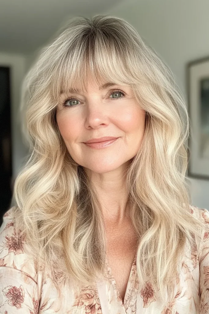  Golden Blonde Tousled Lob with Curtain Bangs