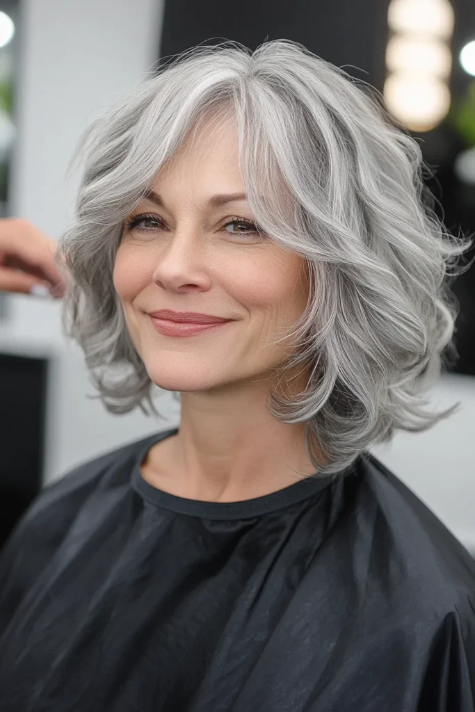 Soft Gray Wavy Lob with Sweeping Bangs