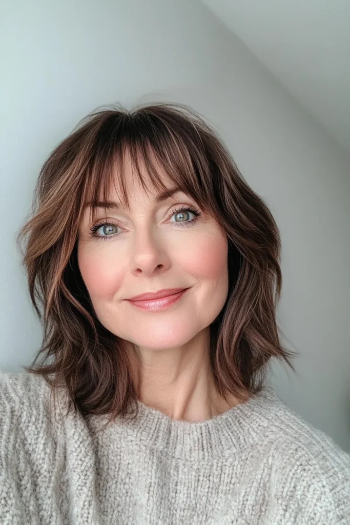 Brunette Textured Bob with Side-Swept Bangs