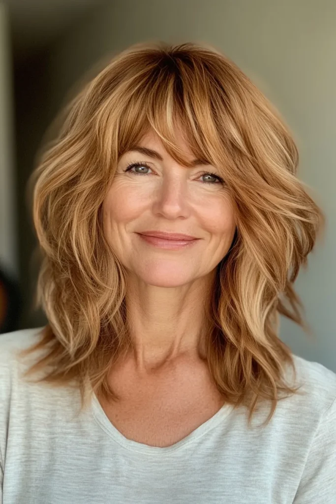 Honey Blonde Medium-Length Shag with Curtain Fringe