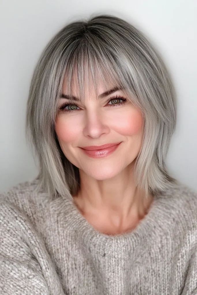 Ash Gray Blunt Bob with Straight Bangs