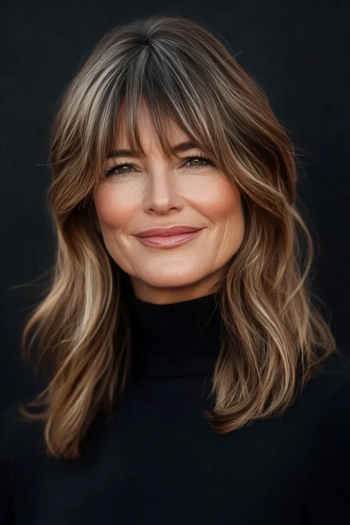Light Brown Lob with Feathered Curtain Bangs