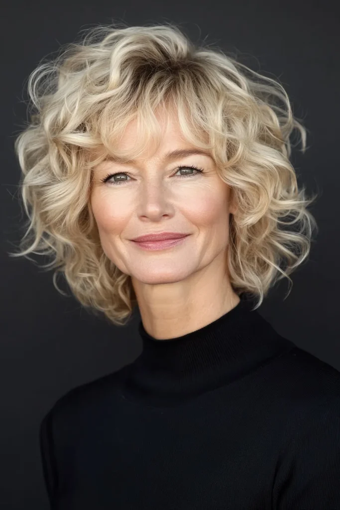 Blonde Curly Bob with Angled Bangs