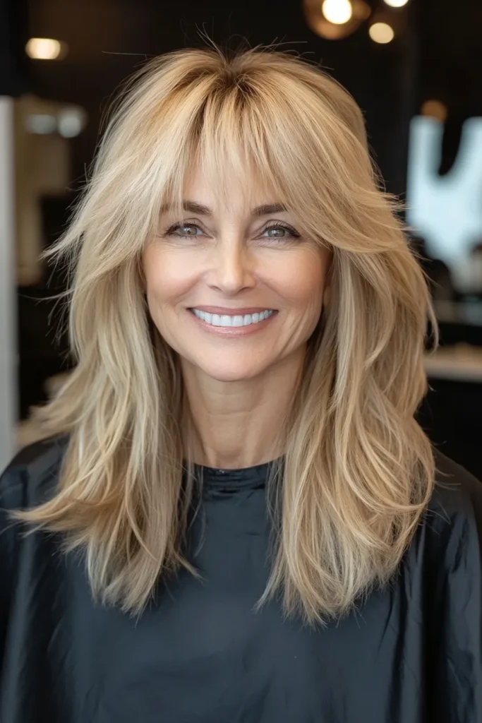 Warm Blonde Layered Shag with Long Curtain Bangs
