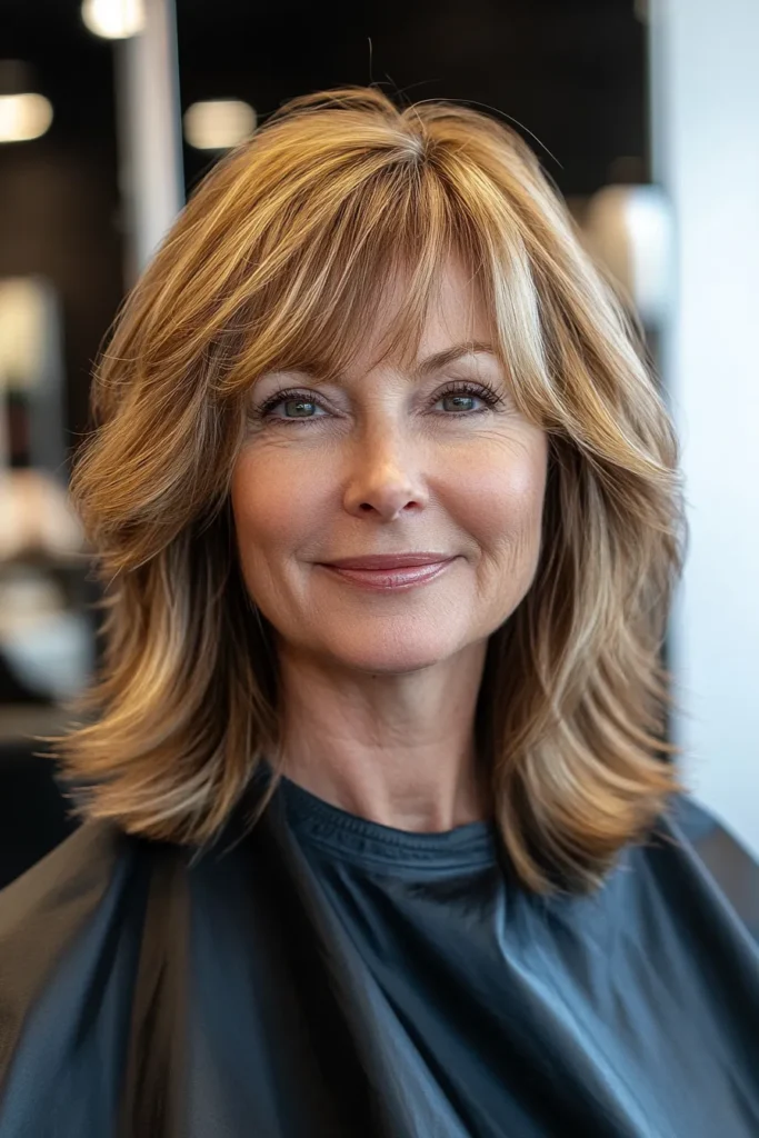 Golden Caramel Shoulder-Length Cut with Feathered Bangs