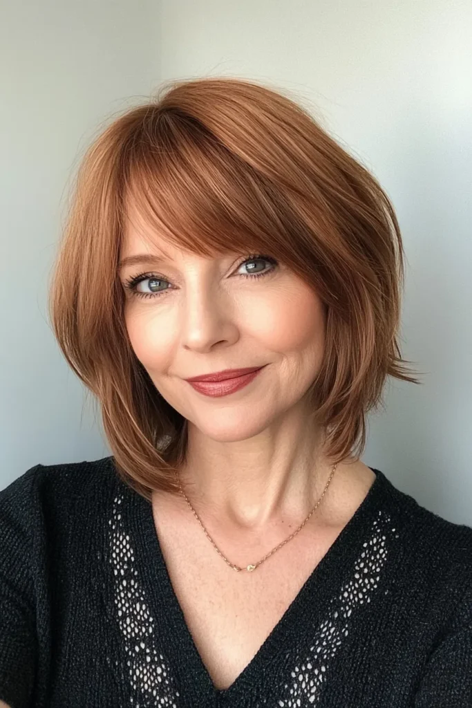 Chestnut Bob with Side-Swept Bangs