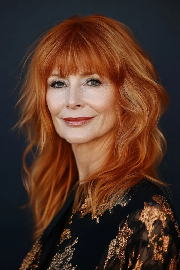 Soft Copper Waves with Blunt Bangs