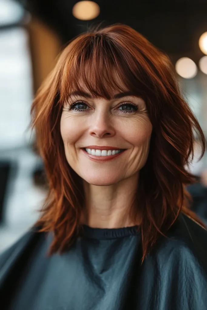 Mahogany Shoulder-Length Cut with Feathered Bangs