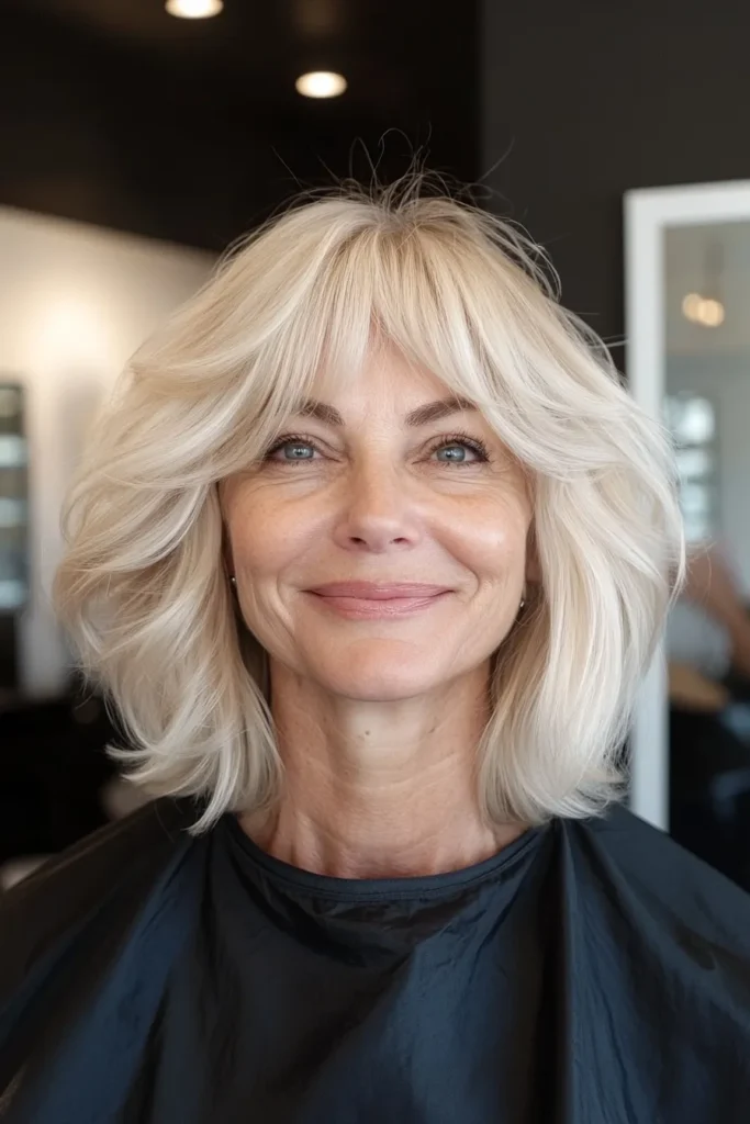 Icy Blonde Layered Lob with Wispy Curtain Bangs
