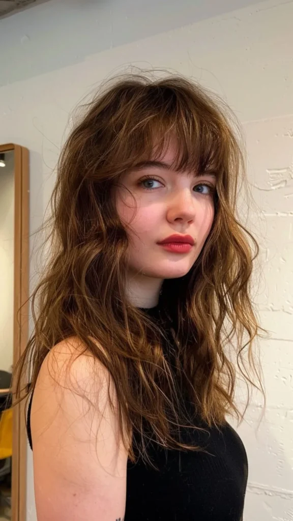 Long Shaggy Layers with Blunt Bangs
