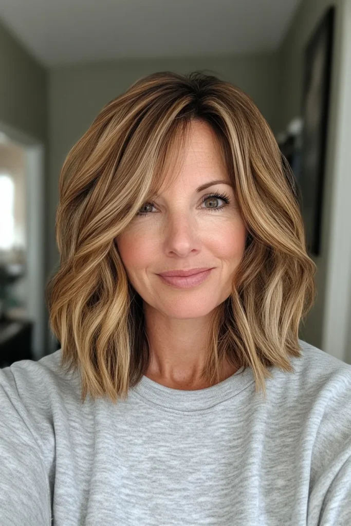 Textured Lob with Golden Caramel Lowlights
