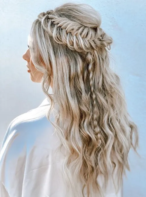 Half Up Style with Loose Curls and Fishtail Braids