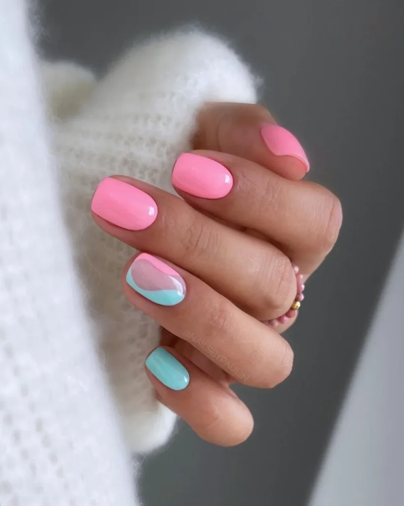 Short Hot Pink + Bright Blue Spring Nails