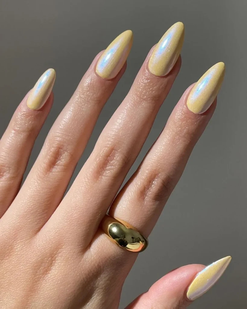 Sunny + Shimmery Almond Shaped Spring Nails