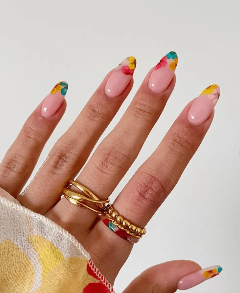 Almond Shaped Spring Nails With French Tip Dried Flower Designs