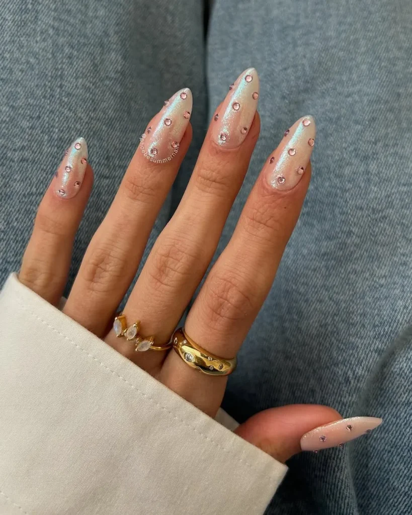Shimmery Almond Spring Nails With Rhinestone Nail Art