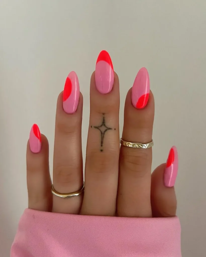 Hot Pink + Red Almond Shaped Spring Nail Designs
