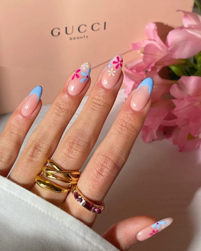 Chic Almond Shaped French Manicure With Flower Designs