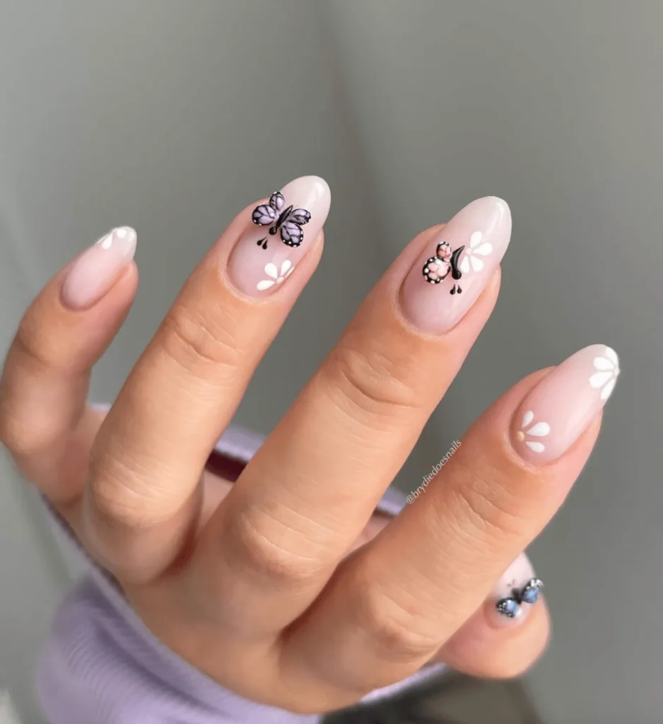 3D Butterfly Almond Shaped Spring Nails