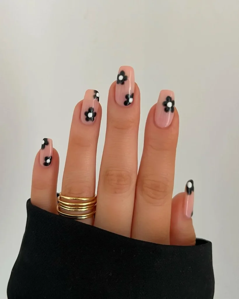 Black + White Coffin Shaped Flower Spring Nail Art