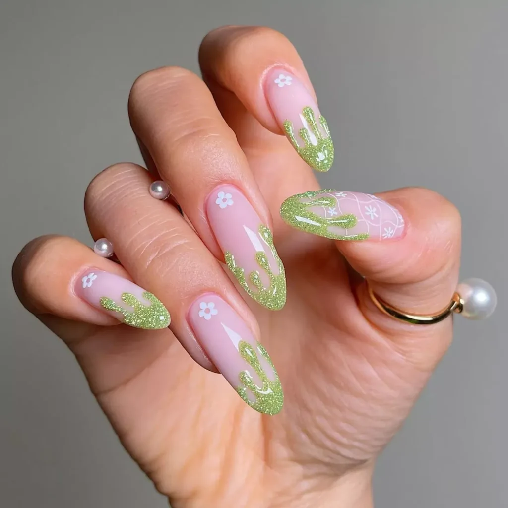 3D Green Glitter Drip French