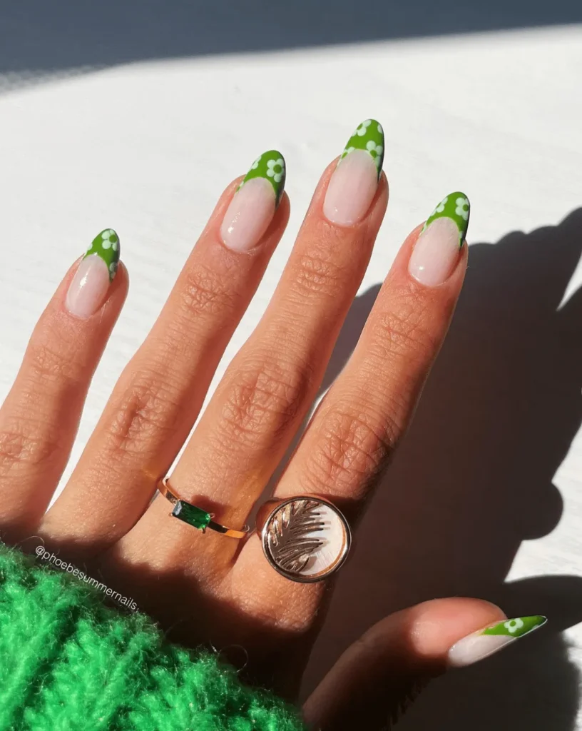 Cute and Classy Green Floral French Manicure