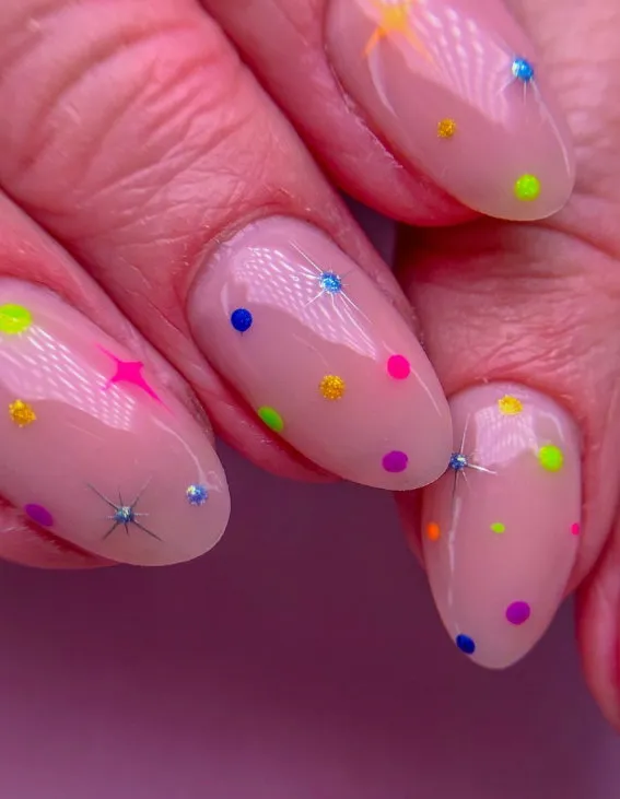 Beige fall nails with tiny neon details