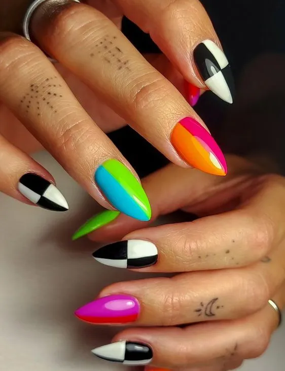 Checkered and colour block neon nails