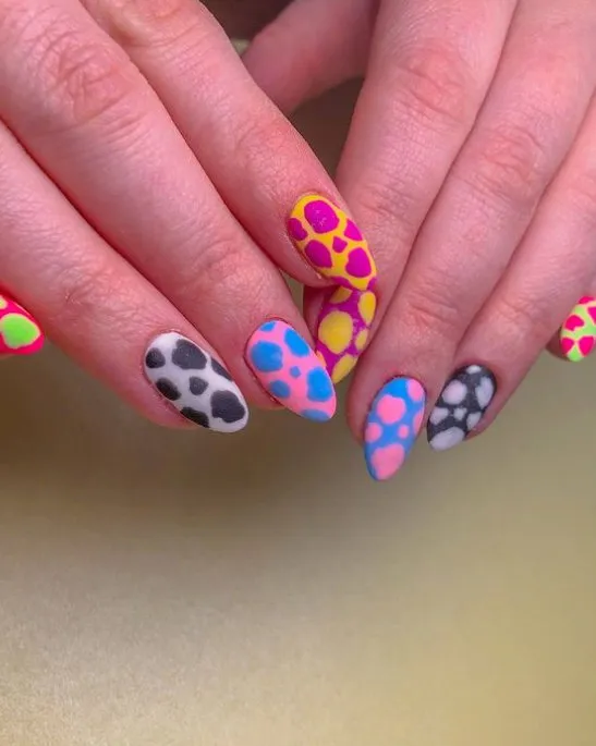 Matte neon colourful cow print nails