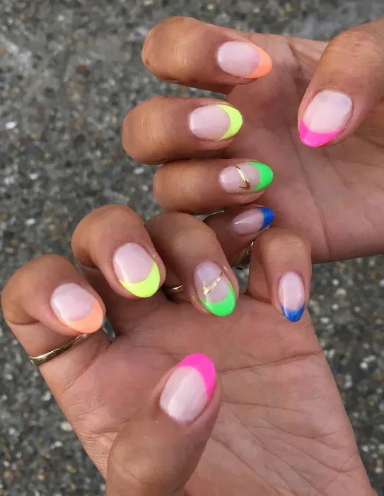 Multicoloured neon French tip nails