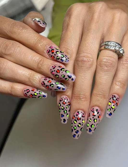 Neon leopard print coffin nails