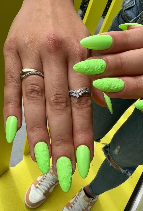 Neon slime green matte and glossy nails with $ designs